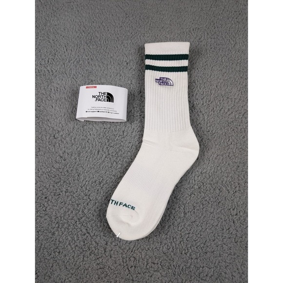 The North Face Crew Socks Mens Large 9-11 White Green Striped Embroidered Logo - Picture 2 of 3